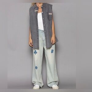 POL Button Down Sleeveless Striped Denim Shirt